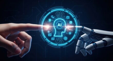 Human and robot hands connect to glowing ai symbol representing artificial intelligence future