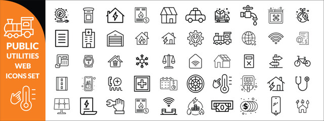 Public utilities web icons line set. Public Utilities Water, Fuel, Electricity, gas, garage, Solar House, Rent receipt, Maintainence, and More Public utilities big icon set design vector illustration.