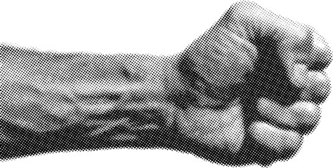 Clenched fist punching gesture in halftone dot style