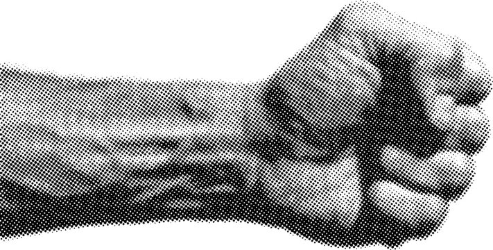 Clenched fist punching gesture in halftone dot style