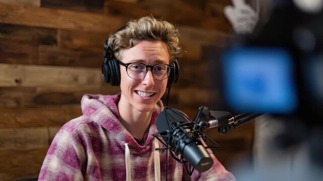 Cheerful podcast host engaging in an energetic recording session in a cozy studio setting with warm wooden accents and professional equipment