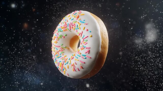 A glazed donut with colorful sprinkles shown in a dynamic motion sequence. This delicious pastry floats through a shower of sugar, perfect for a fun food marketing campaign