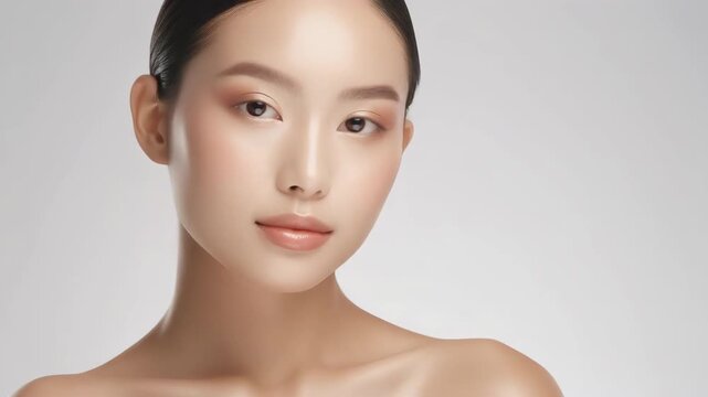 Female adult asian model showcasing radiant, healthy skin and natural beauty. Her elegant profile and direct gaze are captured in a triptych. Ideal for cosmetic and skincare campaigns