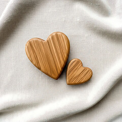 Two Wooden Heart Shapes on Linen Cloth &mdash; Centered Rustic Love Concept for Wedding or Valentine&rsquo;s Day