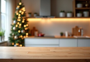 An empty wooden table in front of a Christmas tree against the backdrop of a modern kitchen. Space for product advertising