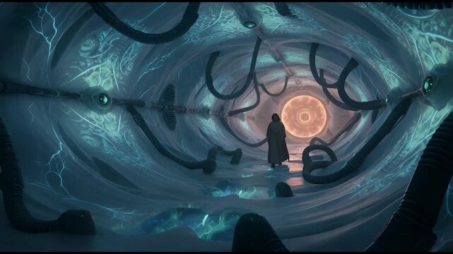 A cloaked male adult journeys through a mysterious glowing tunnel. Intricate organic patterns and futuristic tubes line the alien cave. He approaches a vibrant orange energy sphere