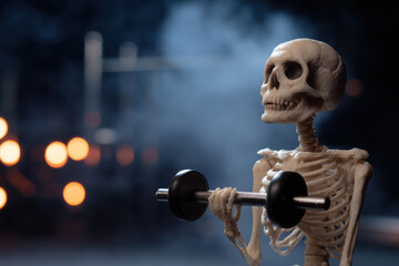 Skeleton lifts dumbbell in spooky gym setting for Halloween fitness fun with dark ambiance and smoke bokeh effects