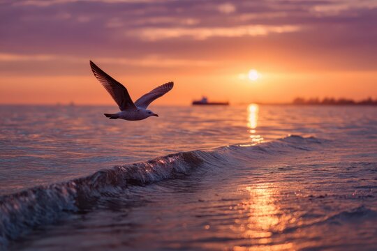 Coastal scene: seagull soars as sun sinks beyond the horizon