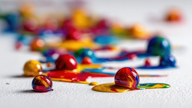 Colorful acrylic splashes forming bold abstract pattern on white backdrop