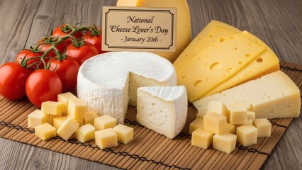 Celebrating national cheese lover's day with assorted cheeses and fresh tomatoes
