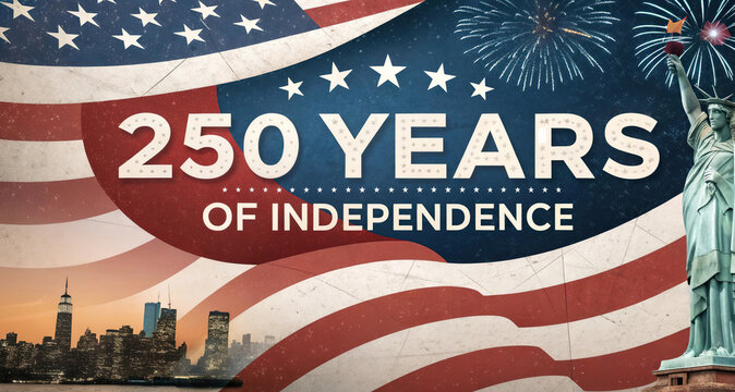 250 Years of Independence American celebration poster with Statue of Liberty fireworks and USA flag.