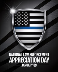 National Law Enforcement Appreciation Day Banner with Silver Police Shield Thin Blue Line and American Flag for January 9th Community Support
