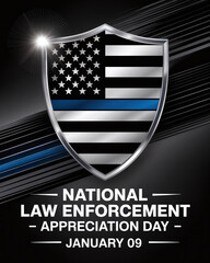 National Law Enforcement Appreciation Day Banner with Silver Police Shield Thin Blue Line and American Flag for January 9th Community Support