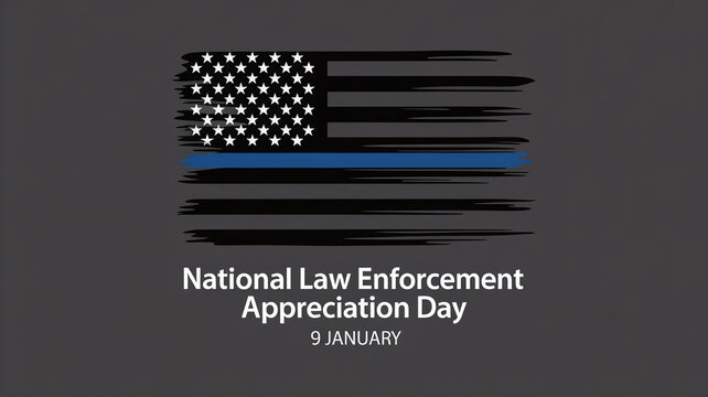 National Law Enforcement Appreciation Day Grunge American Flag with Thin Blue Line on Dark Background for January 9th Police Support Tribute