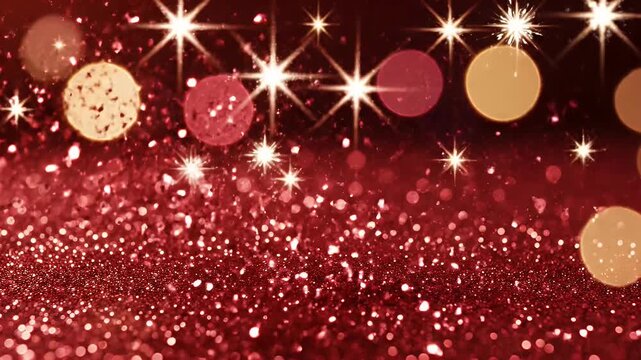 Red Glitter with Bokeh Lights - A close-up shot showcases a surface covered in vibrant red glitter, reflecting light to create a sparkling effect.