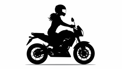 Silhouette of a woman riding a motorcycle with a helmet on white background.