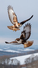 Obraz premium Two Red-Tailed Hawks Fighting in Mid-Air Over Snow-Covered Field During Winter Wildlife Encounter