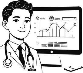 Medical Professional with Analysis: A doctor, radiating expertise and care, stands confidently beside a computer display charting data. Embodying healthcare, analytics, and technological integration.