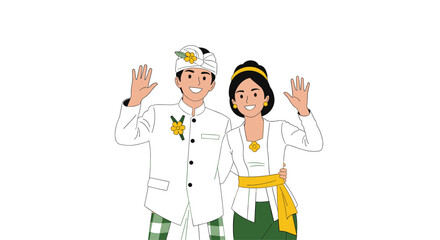 Smiling Balinese couple dressed in elegant traditional white and green wedding outfits are waving their hands against a white background.