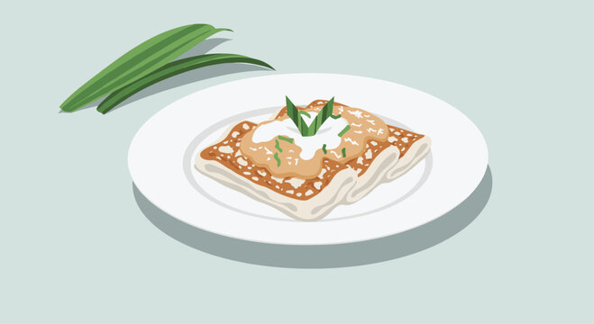 Traditional Indonesian serabi pancakes served on a white plate with coconut milk sauce and pandan leaf garnish on a light grey background.