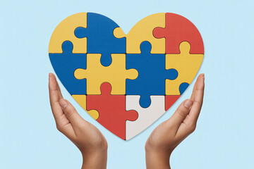 Autism Awareness Heart with Hands Holding Colorful Puzzle Heart Symbol for Neurodiversity Support and Healthcare Advocacy Poster