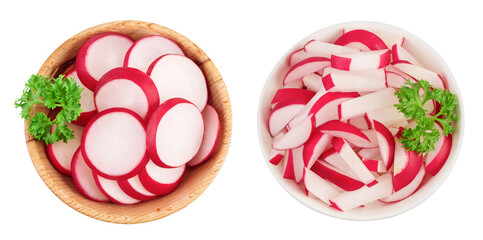 Radish slices in wooden and ceramic bowl isolated on white background. Top view. Flat lay