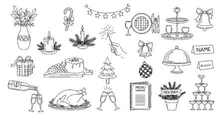 Cozy Hand Drawn Christmas and New Year Dinner Doodle Set