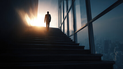 Business Person Climbing Stairs Toward Bright Light in Modern Office Building Success Career Growth Ambition Concept