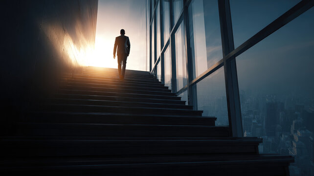 Business Person Climbing Stairs Toward Bright Light in Modern Office Building Success Career Growth Ambition Concept