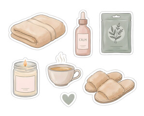 Cozy Self Care Lifestyle Sticker Illustration Set