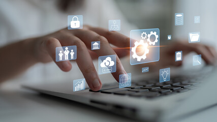 A concept of business operations and enterprise system integration. The components of a company including security, data, and cloud infrastructure. Motif