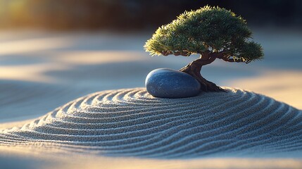 Meditative Artwork of Bonsai and Stone Raked Sand Platform With Patterns of Lines and Curves Symbolizing Calm and Harmony In Japanese Aesthetic Design
