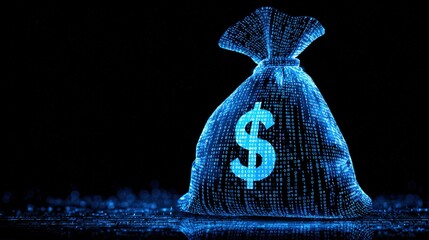 A digital representation of a money bag, illuminated with binary code and a dollar sign, symbolizing finance and technology.