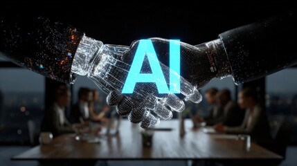 A digital handshake between a human and a robotic hand symbolizing collaboration in AI, with a modern business meeting in the background.