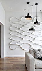 minimalist living room features sleek black pendant lights suspended textured wave wall design neutral tones soft white