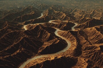 Glowing River Flowing Through Dark Mountain Landscape