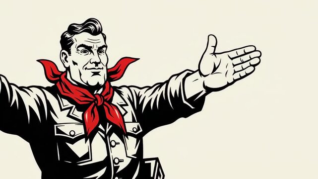Male communist pioneer leader raising a clenched fist, then extending his hand in a welcoming gesture, and finally opening both arms outward for a propaganda concept.