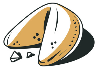 Whimsical cartoon illustration featuring a high rank single fortune cookie, detailed shadow and broken crumbs, representing humor, surprise messages, snack culture, and imaginative food illustration s