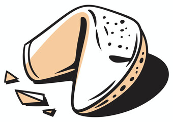 Whimsical cartoon illustration of a single fortune cookie ranked as playful snack art, with soft shadow and crumbled pieces, symbolizing luck, fun design, and creative food concepts