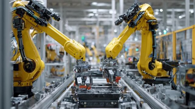 Medium shot capturing highspeed robotic arms efficiently swapping anodes in a fastpaced manufacturing environment.