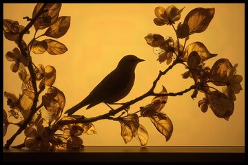 Small Bird Perched on Branch at Sunset