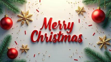 Luxury holiday 3D decorations, vector illustration with realistic gold snowflakes, red bauble ornaments, fir tree branches, and shimmering confetti on a clean winter background