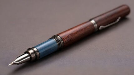 Fototapeta premium A classic wooden fountain pen with a blue accent and metallic details is presented against a neutral background