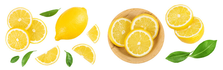 Ripe lemon with half in wooden bowl isolated on white background with full depth of field. Top view. Flat lay