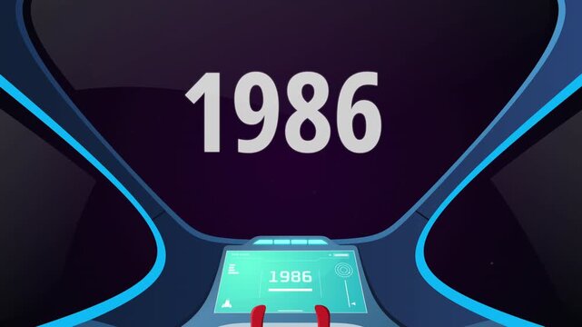 Time travel cockpit with futuristic animation jump to the year 1986. Ideal for content creators, tech presentations, future concepts, and cinematic video projects.