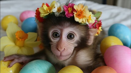 A cute monkey wearing a flower crown surrounded by colorful Easter eggs, evoking a playful and festive atmosphere.