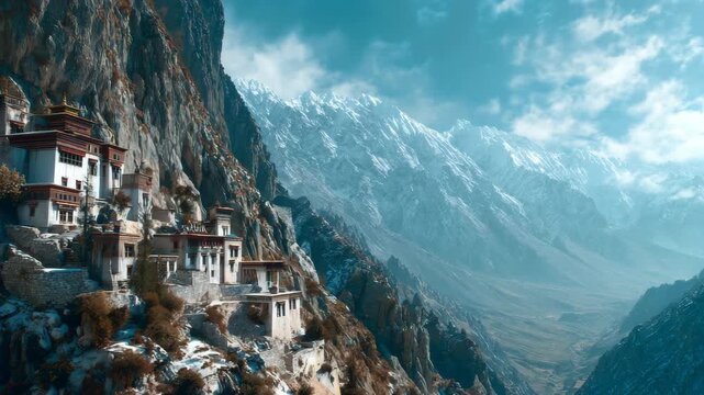Ultra HD Monastery built into the side of a steep, rocky mountain cliff face in the himalayas, with snowcapped peaks and a deep valley under a bright blue, cloudy sky video