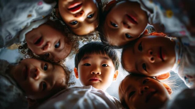 A Circle of Innocence: A Heartwarming Moment Captured Among a Group of Curious Children Smiling and Expressing Their Joy in a Close-Knit Gathering Full of Laughter and Playfulness