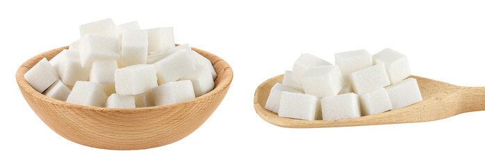 Sugar cubes in a wooden bowl and spoon isolated on white background