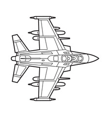 Top down view of a military fighter jet ranked as high precision aircraft, black and white coloring page outline, suitable for educational, aviation, and activity book design purposes.
